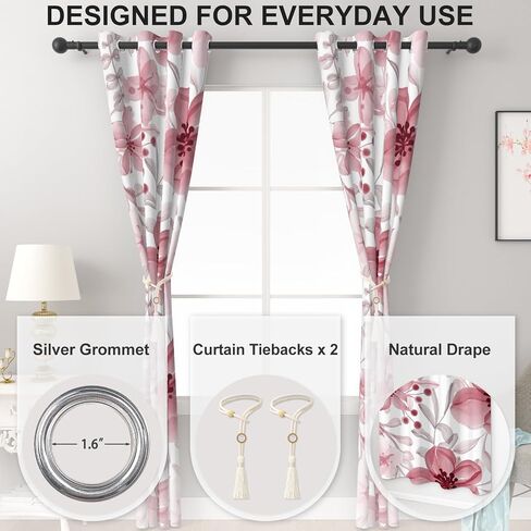 Pink Floral Blackout Curtains for Bedroom and Living Room, Summer Vintage Black Out Curtains 84 Inch Long 2 Panels Set with Tassel Tiebacks, Thermal Insulated Soundproof Grommet Darkening Curtains in Kuwait