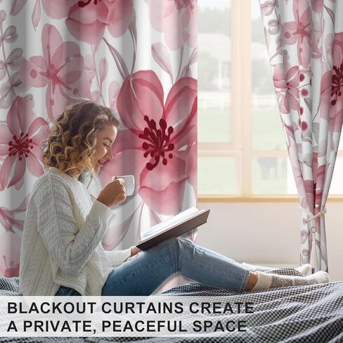 Pink Floral Blackout Curtains for Bedroom and Living Room, Summer Vintage Black Out Curtains 84 Inch Long 2 Panels Set with Tassel Tiebacks, Thermal Insulated Soundproof Grommet Darkening Curtains in Kuwait