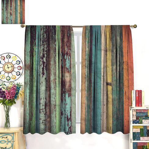 Wooden Print Kitchen Curtains,Rustic Wooden Board Pattern Country Life Theme Vintage Style Fabric Curtains for Bedroom Living Room Colorful Window Drapes 2 Panel Set Total Size 42" x 45" in Kuwait