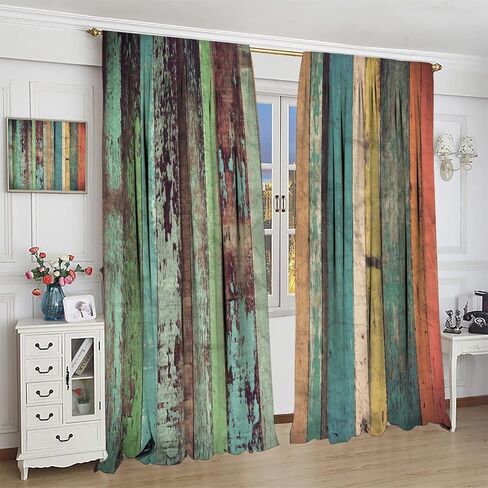 Wooden Print Kitchen Curtains,Rustic Wooden Board Pattern Country Life Theme Vintage Style Fabric Curtains for Bedroom Living Room Colorful Window Drapes 2 Panel Set Total Size 42" x 45" in Kuwait