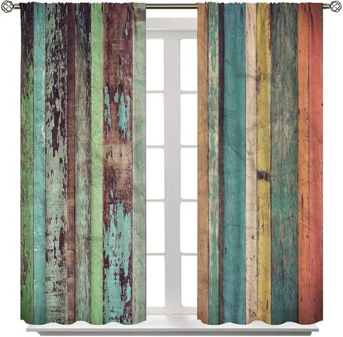 Wooden Print Kitchen Curtains,Rustic Wooden Board Pattern Country Life Theme Vintage Style Fabric Curtains for Bedroom Living Room Colorful Window Drapes 2 Panel Set Total Size 42" x 45" in Kuwait