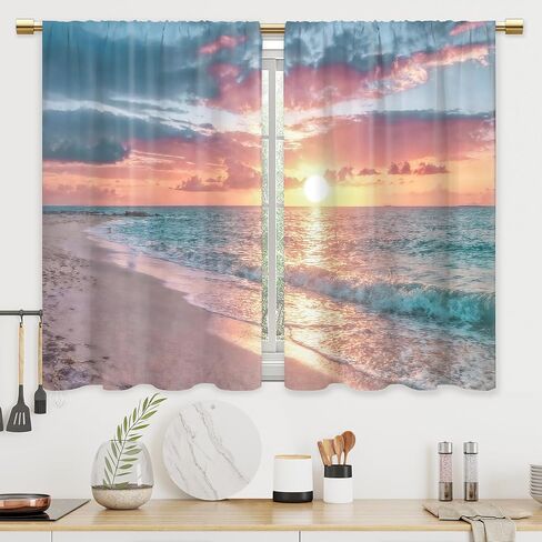 Summer Ocean Beach Coastal Nautical Sunset Kitchen Curtains Seaside Seacoast Beachy Waves Bathroom Curtains Window Treatment Drapes Tier Seascape Cafe Small Bedroom Short French Door Curtains in Saudi Arabia