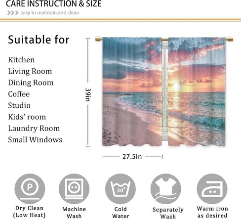 Summer Ocean Beach Coastal Nautical Sunset Kitchen Curtains Seaside Seacoast Beachy Waves Bathroom Curtains Window Treatment Drapes Tier Seascape Cafe Small Bedroom Short French Door Curtains in Saudi Arabia