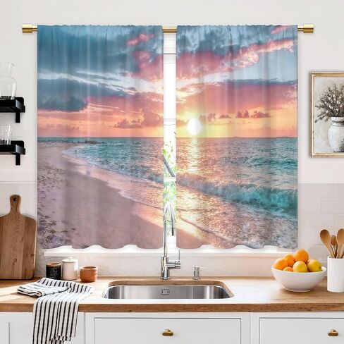 Summer Ocean Beach Coastal Nautical Sunset Kitchen Curtains Seaside Seacoast Beachy Waves Bathroom Curtains Window Treatment Drapes Tier Seascape Cafe Small Bedroom Short French Door Curtains in Saudi Arabia