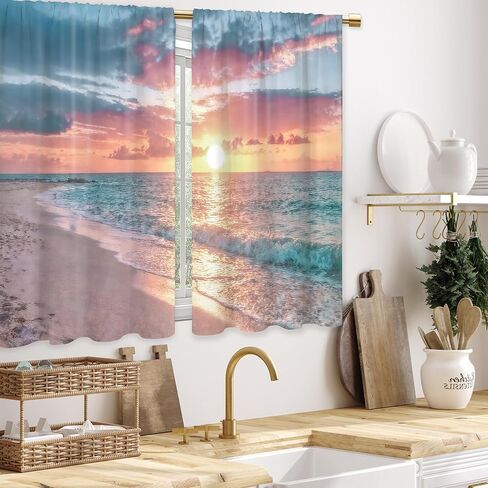 Summer Ocean Beach Coastal Nautical Sunset Kitchen Curtains Seaside Seacoast Beachy Waves Bathroom Curtains Window Treatment Drapes Tier Seascape Cafe Small Bedroom Short French Door Curtains in Saudi Arabia