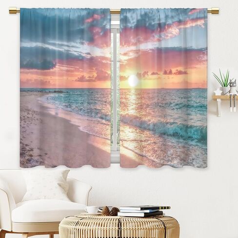 Summer Ocean Beach Coastal Nautical Sunset Kitchen Curtains Seaside Seacoast Beachy Waves Bathroom Curtains Window Treatment Drapes Tier Seascape Cafe Small Bedroom Short French Door Curtains in Saudi Arabia