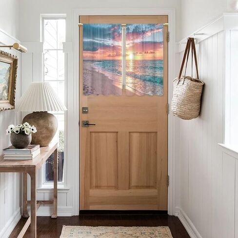 Summer Ocean Beach Coastal Nautical Sunset Kitchen Curtains Seaside Seacoast Beachy Waves Bathroom Curtains Window Treatment Drapes Tier Seascape Cafe Small Bedroom Short French Door Curtains in Saudi Arabia