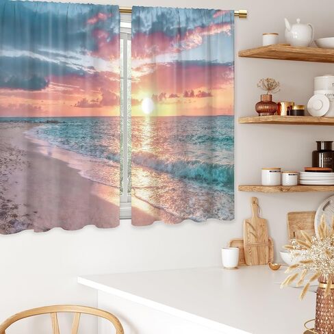 Summer Ocean Beach Coastal Nautical Sunset Kitchen Curtains Seaside Seacoast Beachy Waves Bathroom Curtains Window Treatment Drapes Tier Seascape Cafe Small Bedroom Short French Door Curtains in Saudi Arabia