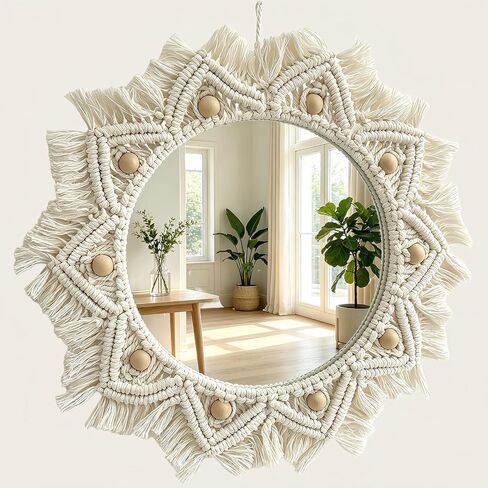 Macrame Wall Mirror Round Doho Hanging Mirror Cotton Woven Fringe Decor for Living Room Bedroom Entryway Farmhouse Style Wall Art Housewarming Birthday Wedding Gift Indoor Wall Decoration in Kuwait