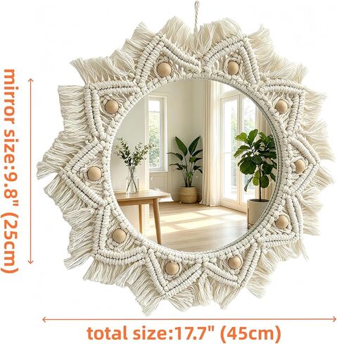 Macrame Wall Mirror Round Doho Hanging Mirror Cotton Woven Fringe Decor for Living Room Bedroom Entryway Farmhouse Style Wall Art Housewarming Birthday Wedding Gift Indoor Wall Decoration in Kuwait