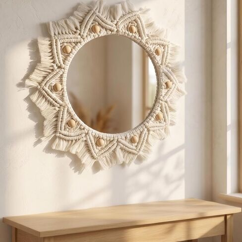 Macrame Wall Mirror Round Doho Hanging Mirror Cotton Woven Fringe Decor for Living Room Bedroom Entryway Farmhouse Style Wall Art Housewarming Birthday Wedding Gift Indoor Wall Decoration in Kuwait