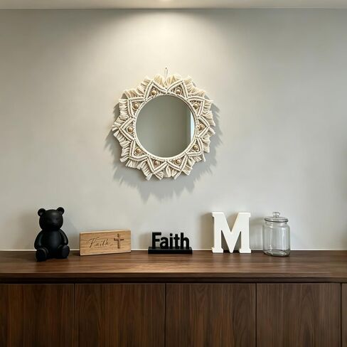 Macrame Wall Mirror Round Doho Hanging Mirror Cotton Woven Fringe Decor for Living Room Bedroom Entryway Farmhouse Style Wall Art Housewarming Birthday Wedding Gift Indoor Wall Decoration in Kuwait