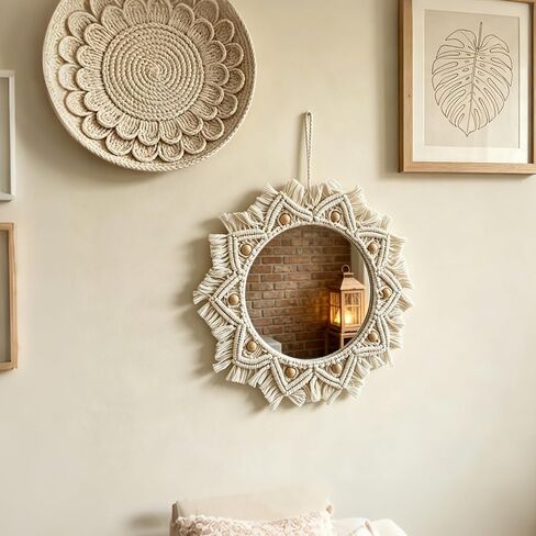 Macrame Wall Mirror Round Doho Hanging Mirror Cotton Woven Fringe Decor for Living Room Bedroom Entryway Farmhouse Style Wall Art Housewarming Birthday Wedding Gift Indoor Wall Decoration in Kuwait