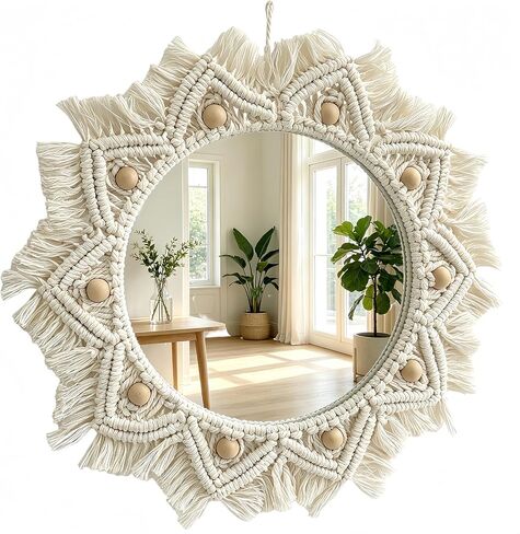 Macrame Wall Mirror Round Doho Hanging Mirror Cotton Woven Fringe Decor for Living Room Bedroom Entryway Farmhouse Style Wall Art Housewarming Birthday Wedding Gift Indoor Wall Decoration in Kuwait