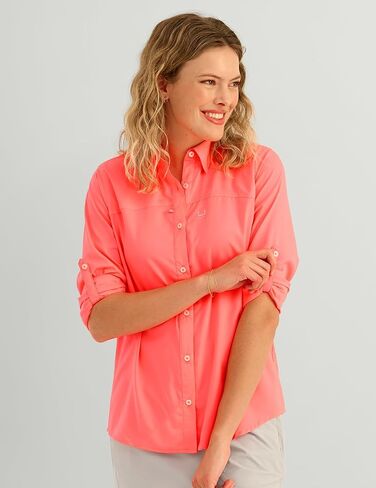 قميص Huk نسائي بأكمام طويلة وأزرار سفلية لصيد السمك، لون مرجاني نيون، مقاس X-Large in Kuwait