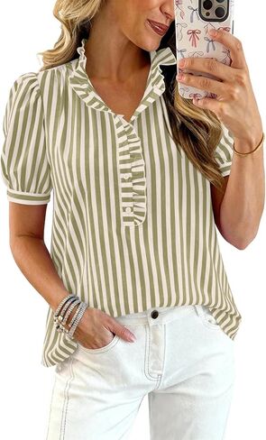 Women's Summer Ruffle Collar Button Down Shirts Puff Short Sleeve Striped Blouse Business Casual Work Tops Trendy in Saudi Arabia