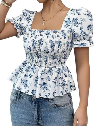 بلوزات نسائية من Floerns بأكمام منتفخة ومطبوعة بالورود ورقبة مربعة مكشكشة وحاشية in Kuwait