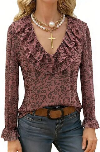Women's Vintage Pink Leopard Print Mesh Blouse Ruffled V-Neck Long Sleeve Romantic Casual Top in Saudi Arabia