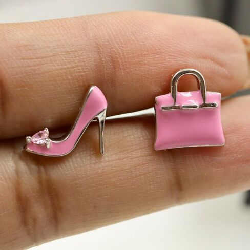 High Heel & Designer Handbag Earrings, 925 Sterling Silver Stud Earrings for Women, Pink Fashion Jewelry Gift For Women in Kuwait