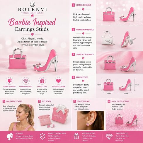 High Heel & Designer Handbag Earrings, 925 Sterling Silver Stud Earrings for Women, Pink Fashion Jewelry Gift For Women in Kuwait
