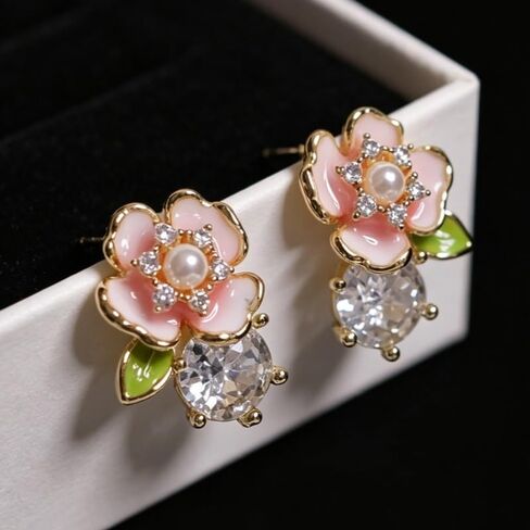 Exquisite Zircon Colorful Enamel Whimsical Floral Stud Earrings for Women Banquet Party Earrings Jewelry Gifts in Kuwait