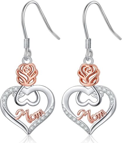 S925 Sterling Silver Mom Rose/Pink Ribbon/Poodle/Horse Heart Drop Dangle Earrings Hypoallergenic Jewelry Birthday Gifts for Women in Saudi Arabia