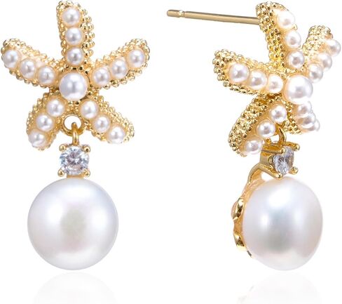 IDOKAWA Gold Plated Sterling Silver Posts Seashell/Starfish Statement Earrings for Women Baroque Freshwater Pearl Stud Earring Summer Fashion Holiday Vacation Jewelry in Kuwait