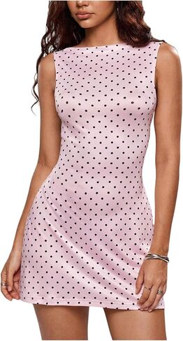 WDIRARA Women's Satin Polka Dots Boat Neck Mini Dress Sleeveless Tie Backless Tank Dresses in Kuwait