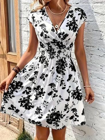 Women Sleeveless Floral Midi Dresses Short Sleeve Deep V Neck Sexy Vacation Sundresses Printed Slim fit Dress in Kuwait