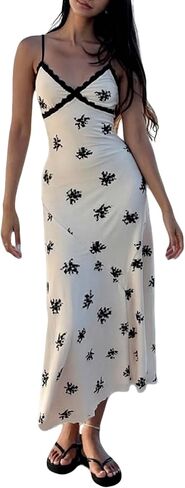 Women Sexy Lace Trim V Neck Bodycon Maxi Dress Spaghetti Strap Printed Long Party Dress Club Outfits in Saudi Arabia
