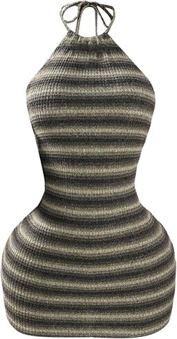 RoseSeek Women's Sleeveless Knit Bodycon Mini Dress Striped Tie Backless Night Out Party Dress in Kuwait