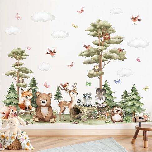 Peelora Large Woodland Animals Tree Wall Stickers Forest Animals Bear Deer Fox Wall Decals Kids Bedroom Baby Nursery Reusable Self-Adhesive Wall Decor Stickers in Saudi Arabia