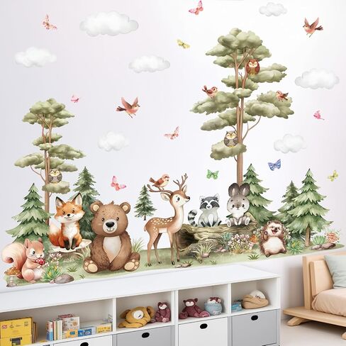 Peelora Large Woodland Animals Tree Wall Stickers Forest Animals Bear Deer Fox Wall Decals Kids Bedroom Baby Nursery Reusable Self-Adhesive Wall Decor Stickers in Saudi Arabia