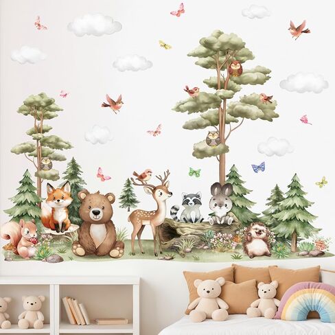 Peelora Large Woodland Animals Tree Wall Stickers Forest Animals Bear Deer Fox Wall Decals Kids Bedroom Baby Nursery Reusable Self-Adhesive Wall Decor Stickers in Saudi Arabia