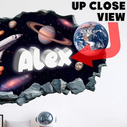 ملصق جداري ثلاثي الأبعاد لديكور غرفة الأطفال، ملصق جداري مخصص باسم Rocket Galaxy Planet لغرفة نوم الأولاد، تصميم موضوع الفضاء الخارجي لغرفة ألعاب الحضانة، فن فينيل قابل للتقشير واللصق in Kuwait