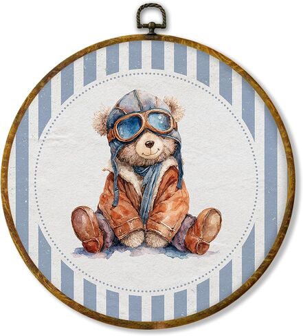 shiviody Bear Nursery Canvas Wall Art Decor, Blue Striped Aviation Aviator Bear Animal Baby Boy Nursery Round Hanging Frame Prints Decorations for Kids Boys Room Bedroom Playroom 10"x10" in Saudi Arabia