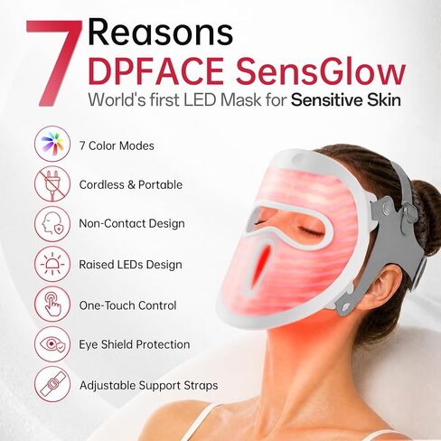 SensGlow Red Light Mask, Cordless Facial Mask for Sensitive Skin Anti Aging & Skin Firming with 630nm Red Light, Non-Contact for Gentle Non-Irritating, Ergonomic Straps for At-Home & Travel in Kuwait