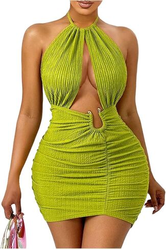 فستان SweatyRocks النسائي المثير ذو الرسن Bodycon مقصوص من الخلف ومكشكش ذو نسيج مكشكش للحفلات الصغيرة in Kuwait