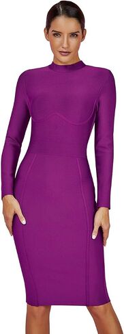 Whoinshop Women's Classic Long Sleeve Bandage Bodycon Outfit Elegant Wedding Evening Party Knee Length Dresses in Kuwait