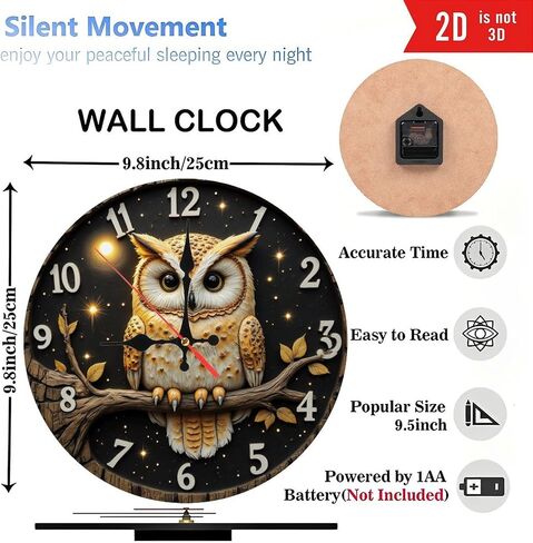 Decorative Owl Wall Clock for Home and Office10-Inch Wooden Wall Clock, Silent Movement, Battery Operated (AA Batteries Not Included), Artistic Home Decor, Perfect for Home Accents in Saudi Arabia