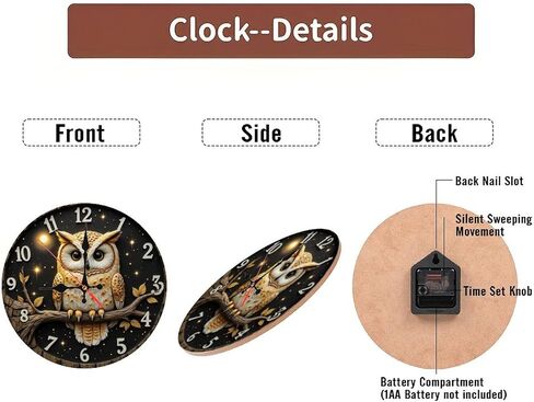 Decorative Owl Wall Clock for Home and Office10-Inch Wooden Wall Clock, Silent Movement, Battery Operated (AA Batteries Not Included), Artistic Home Decor, Perfect for Home Accents in Saudi Arabia
