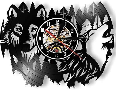 Wolf Theme Vinyl Record Wall Clock - Glow in The Dark Mechanical Gear Design, Silent Quartz Movement, Unique Music & Nature Decor for Living Room, Bedroom (12 Inch) in Saudi Arabia