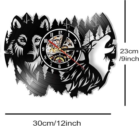 Wolf Theme Vinyl Record Wall Clock - Glow in The Dark Mechanical Gear Design, Silent Quartz Movement, Unique Music & Nature Decor for Living Room, Bedroom (12 Inch) in Saudi Arabia