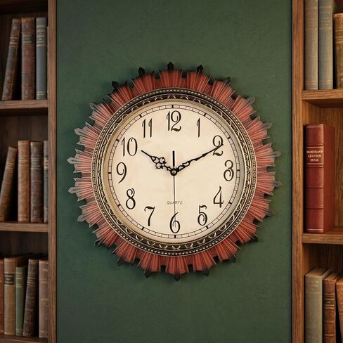 Topkey 14 Inch Vintage Big Gear Design Wall Clock,Large Arabic Numerals, Battery Operated, Silent Non-Ticking Quartz Movement, Mid Century Retro Decor for Bedroom/Home Office/Dining Room/School in Saudi Arabia