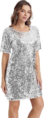 Women's Sequin Dress Crew Neck Sparkly Shift Dress Half Sleeve Party Club Cocktail Shirt Dresses in Saudi Arabia