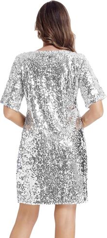 Women's Sequin Dress Crew Neck Sparkly Shift Dress Half Sleeve Party Club Cocktail Shirt Dresses in Saudi Arabia