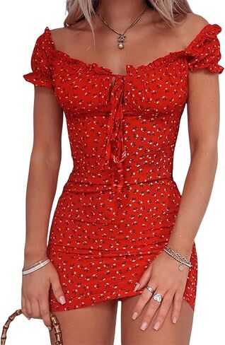 Women Floral Mini Dress Ruffle Short Sleeve Tie Front Bodycon Dress Sexy Wrap Pencil Dress for Party Club(Red,S),Small in Kuwait
