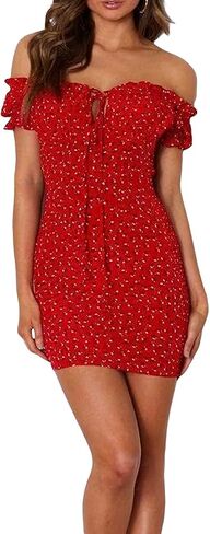 Women Floral Mini Dress Ruffle Short Sleeve Tie Front Bodycon Dress Sexy Wrap Pencil Dress for Party Club(Red,S),Small in Kuwait