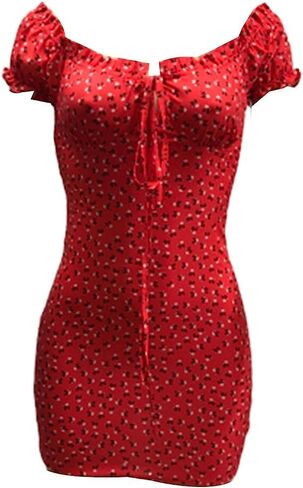 Women Floral Mini Dress Ruffle Short Sleeve Tie Front Bodycon Dress Sexy Wrap Pencil Dress for Party Club(Red,S),Small in Kuwait
