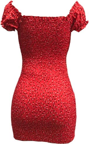 Women Floral Mini Dress Ruffle Short Sleeve Tie Front Bodycon Dress Sexy Wrap Pencil Dress for Party Club(Red,S),Small in Kuwait